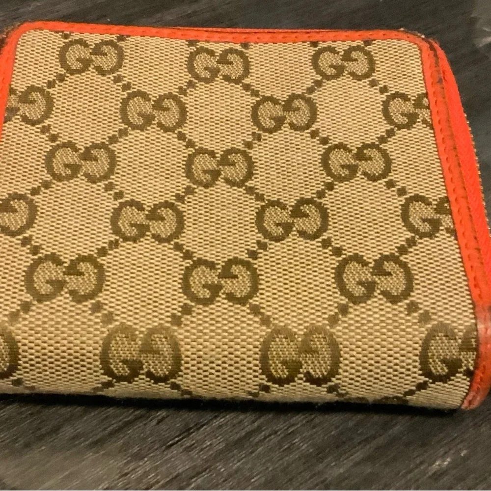 Gucci Signature Monogram Canvas Wallet with Orange Leather Trim